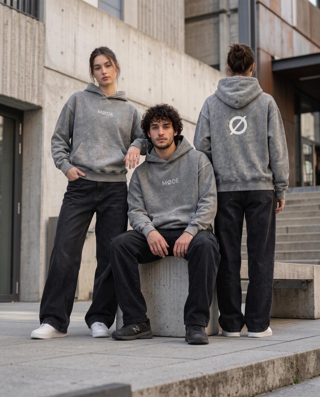 Three people wearing the MØDE Signature Hoodie in acid washed gray