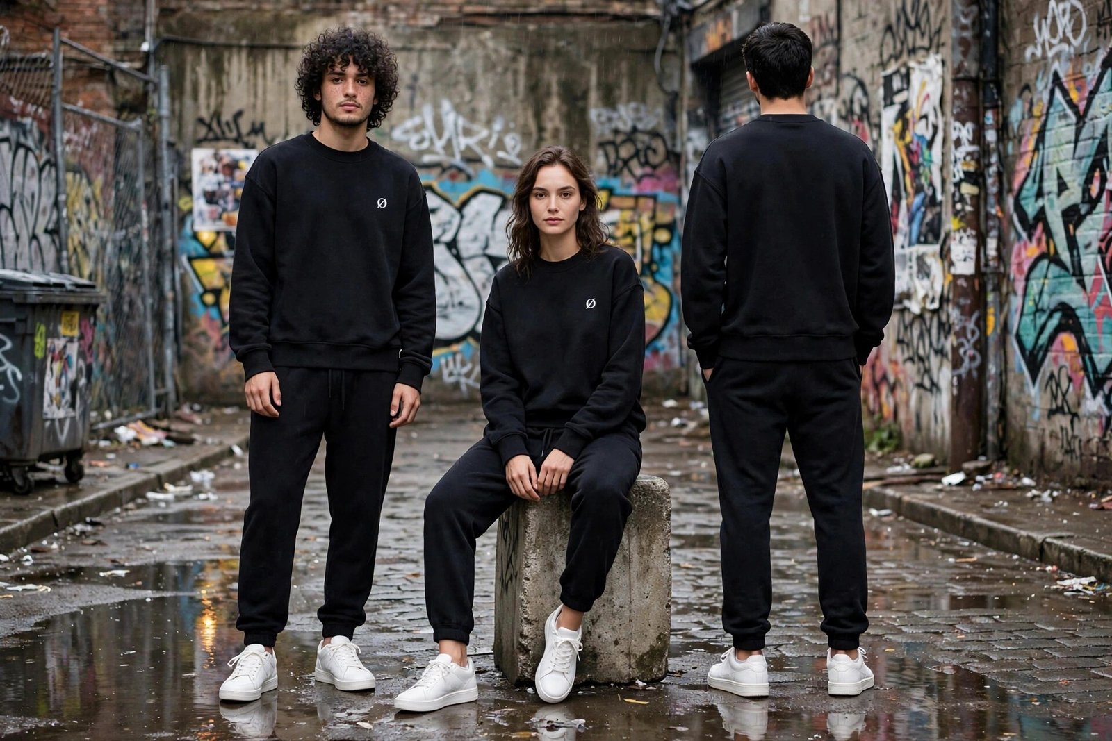 Three people wearing the MØDE Premium Sweatshirt in black