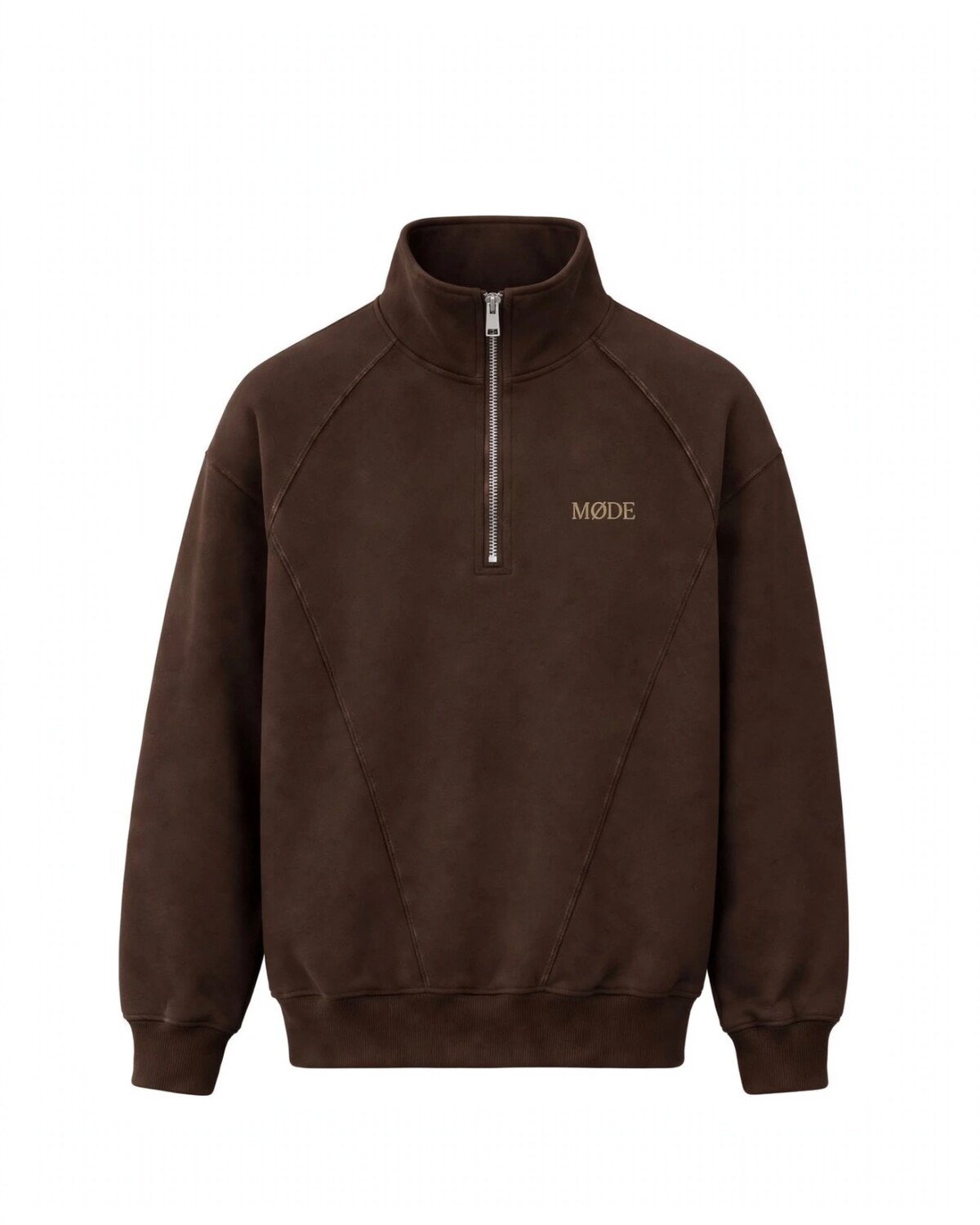 MØDE Mock Neck Zip in chocolate brown, flat lay, front