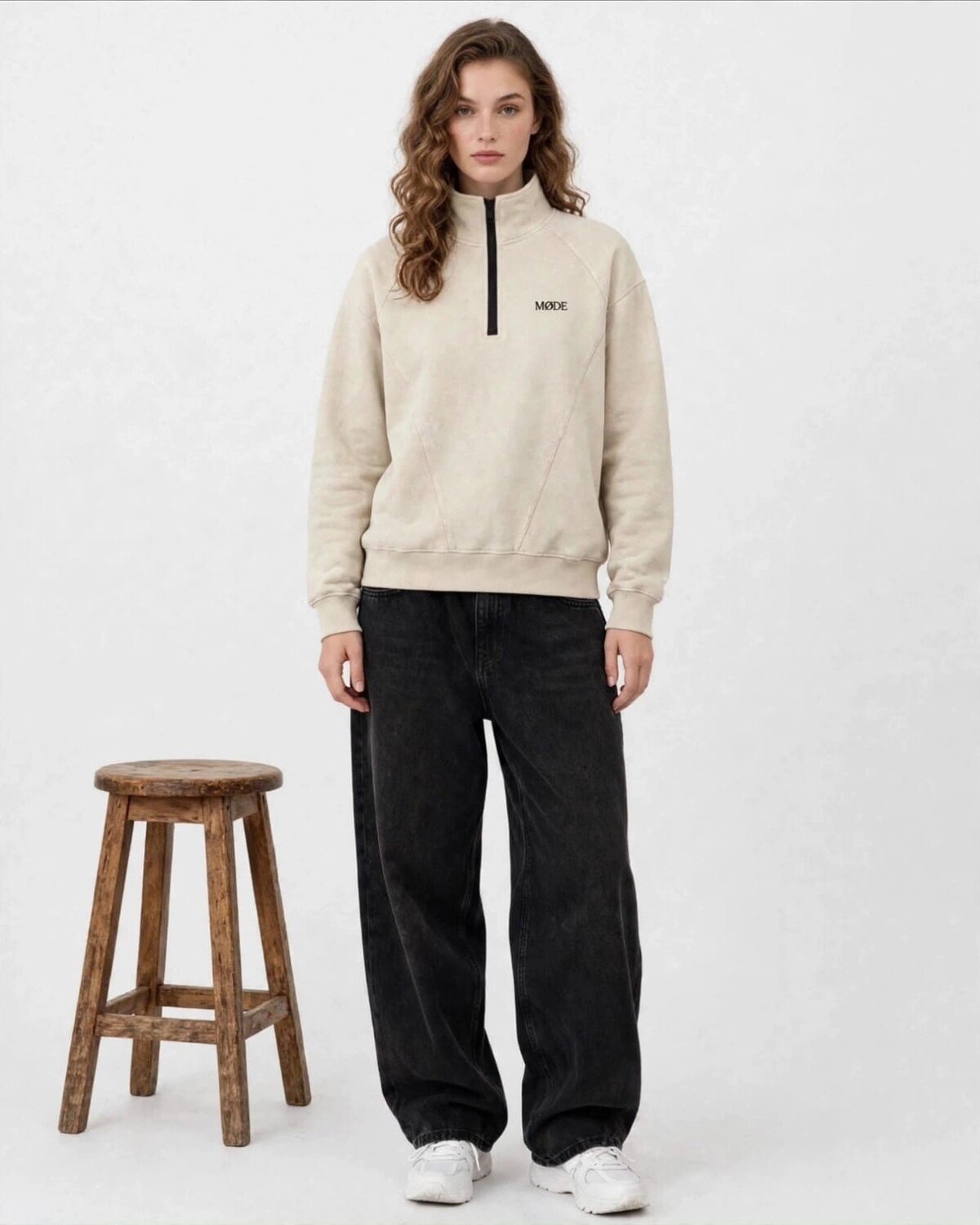 Mock Neck Zip — Beige — Women